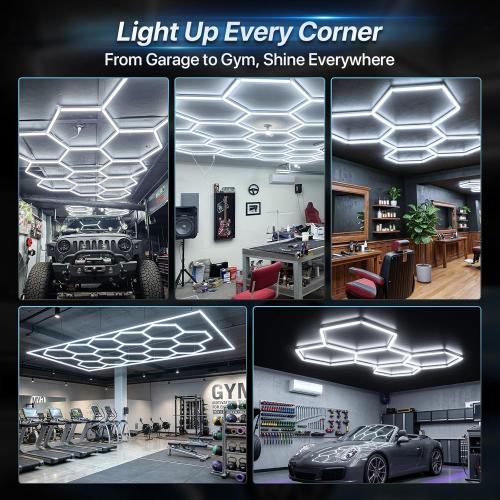 HYPERLITE Gen 2 Hexagon Garage Light, Upgraded 3 Level Dimmable 581W 58100LM Super Bright Garage Detailing Lights, 22 Grids Hexagon Shop Lights, Hex LED Lights for Basement, Gym, Barber