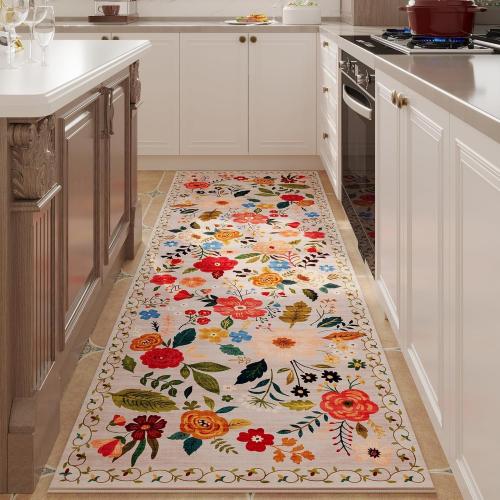 Floral Kitchen Runner Rug, 24 x 72 inches, Low Pile Cotton Blend, Water Resistant, Beige
