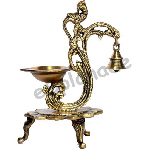 eSplanade - 8 - Peacock Diya with Bell - Lotus Shaped Round Brass Diya | Oil Lamp Deepam | Home Decor | Kuthu Vilakku | Oil Lamps for Home and Office