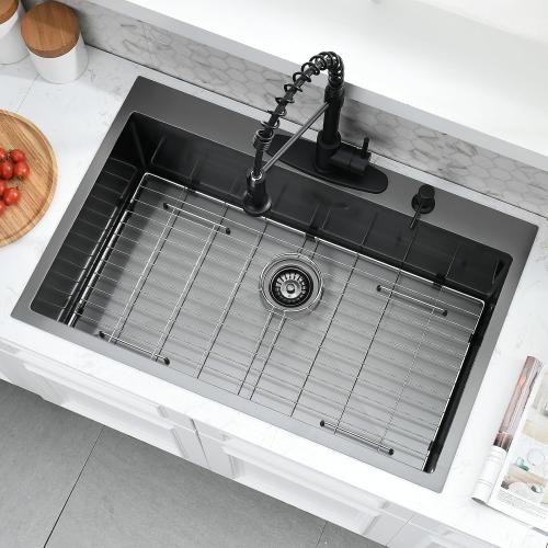 Size 36x22 Black Drop In Kitchen Sink and Faucet Combo Set - 36 Inch Black Stainless Steel Top Mount Kitchen Sink with Faucet, 10 Inch Deep Single Bowl Drop-in Sinks with Accessories