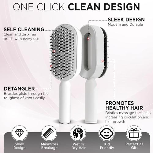 White Self-Cleaning Hair Brush, 3D Air Cushion Design, Detangling Paddle Brush with Holder, All Hair Type (WHITE)
