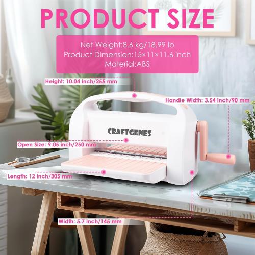 CraftGenes Manual Die Cutting Machine and Embossing Machine, 9'' Opening Size for Cardmaking, Scrapbooking, and DIY Crafts – Foldable Complete Set with A4 Die Cuts, Embossing Folders, and Plates(Pink)
