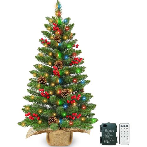 3 ft Artificial Mini Christmas Tree, Remote Control and Timer, Tabletop Small Christmas Trees 50 Warm White&Colorful Dual Color Lights 110 Tips 12 Pinecones 12 Red Berries Burlap Base Home Xmas Decor