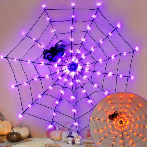 Orange & Purple EAMBRITE Halloween Spider Web Lights with 84LED Orange/Purple Lights, Light up Cobweb with Black Spider, Halloween Decorations for Room Proch Window Garden Indoor and Outdoor