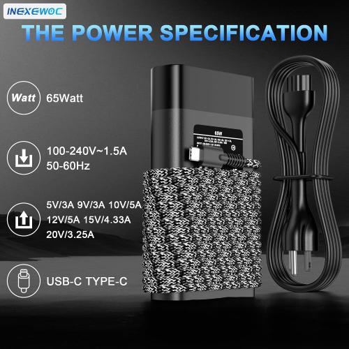Slim 65W USB C Charger Compatible with HP Laptop Spectre X360,Spectre,Envy X360, Envy,Elitebook x360,Elitebook,Chromebook,Elite x2,ProBook Type C Fast Charging Power Cord Ac Adapter