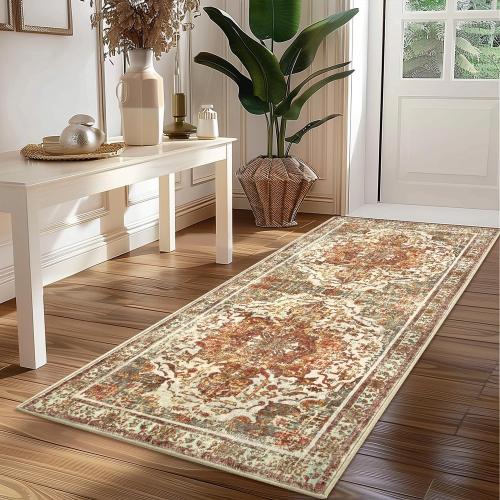 Size 2'x5' Color Khaki Boho Washable Kitchen Rug, Non-Slip Soft Low Pile Rugs Indoor for Entrance Bedroom Bathroom Living Room,Vintage Throw Hallway Carpet Stain Resistance (Khaki, 2x5ft)