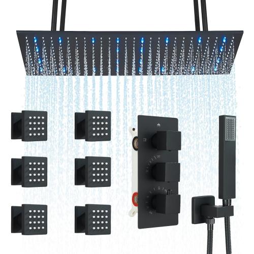 16x32 Shower Head System Ceiling Mount Shower Faucet Set Luxury Shower Faucets with Adjustable Body Shower Jets and Handheld Spray LED Large Rainfall Showerhead, Matte Black