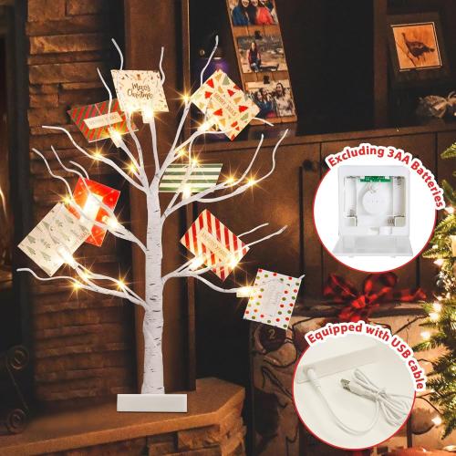 PEIDUO Christmas Decorations, 22 Inch Gift Card Tree Holder with 8 Clips and 8 Xmas Cards, Lighted Tabletop Money Tree, for Christmas,Birthday Wedding,Battery Powered, 6H/18H Timer (White)