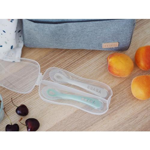 BEABA Toddler's Self-Feeding Spoon Set with Travel Case, Original Silicone Baby Spoons, Baby Essentials, Travel Set, Sage   Cloud
