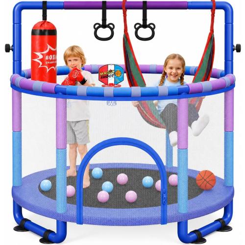 Yohood 55 Trampoline for Kids with Enclosure, 6-in-1 Toddler Trampoline Indoor Outdoor, Upgrade Full Anti-Rust Tube with Adjustable Gymnastics Bars for Boys Girls