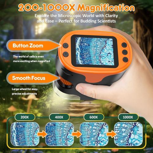 1000X Handheld Microscope for Kids 4K 2.0 Screen Rechargeable Mini Pocket Digital Microscopes w/Slides Kit Portable Edu Gift Age 4-6 8-12 Children Students