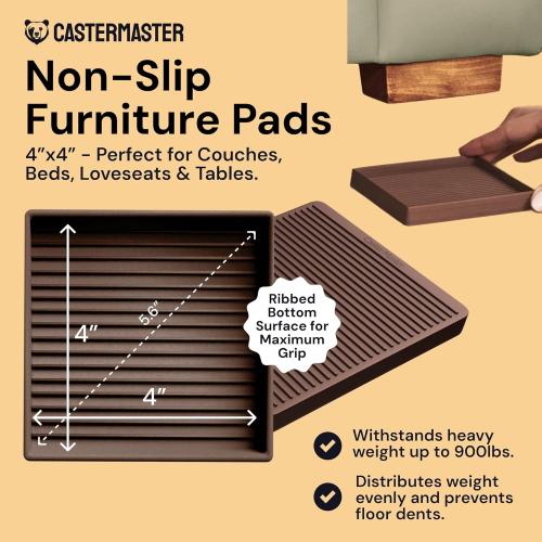 CasterMaster Non-Slip Furniture Pads for Hardwood Floors - 4 x 4 Brown Pack of 4 - Anti-Skid Rubber Caster Cups - Table Leg Protectors & Rubber Feet for Chairs