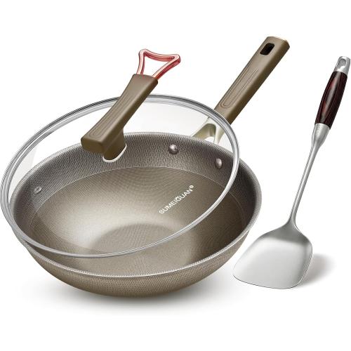 13 Inch Titanium Wok Pan with Lid - Non Stick Frying Pan, Extended Cool-Touch Handle, PFAS/PFOA/PTFE Free Flat Bottom Wok, Dishwasher Safe, Works on All Stovetops Including Induction