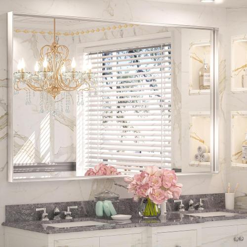 Size 48x 30 Brushed Silver Bathroom Vanity Mirror 48 x 30 Inch Large Rectangle Wall Mounted Mirror Square Corner Metal Framed Farmhouse Mirror Modern Rectangular Mirror for Over Sink(Horizontal/Vertical)