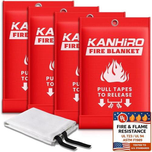 Emergency Fire Blanket for Home Kitchen - KANHIRO Fiberglass Fire Suppression Blanket Great for School, Fireplace, Grill, Car, Office, Warehouse (4 Pack, 39 in X 39 in)