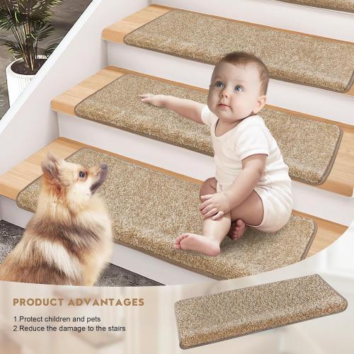 Bullnose Carpet Stair Treads 30x9.5,14 Pcs Non-Slip Peel and Stick for Wooden Steps Indoor with Edge Protection, Pet and Kid Friendly, Stair Runner Rugs (Beige)
