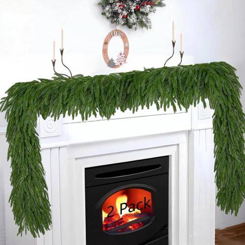 6FT Artificial Norfolk Pine Garlands for Christmas Decorations,Real Touch 2 PCS Winter Faux Greenery Garlands for Mantel Table Stair Fireplace Wall Holiday Indoor Outdoor Decor