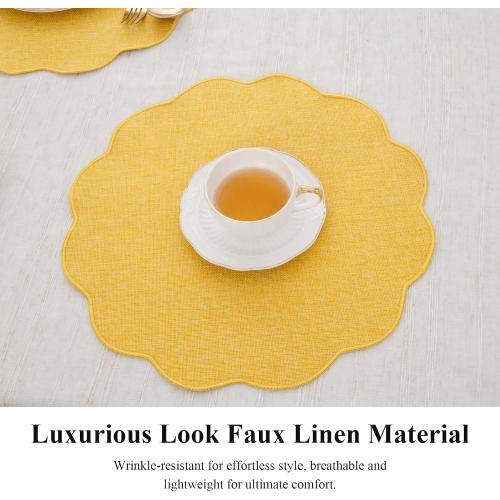 SHACOS Scalloped Round Placemats Set of 6 Polyester Linen Blend 15 inch Washable Non Slip Place Mats Easy Clean Heat Resistant Table Mats for Kitchen Dining Table Decor, Yellow