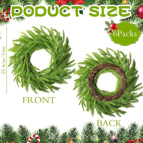 6 Pcs Christmas DIY Green Wreath 10 Inch Artificial DIY Faux Plain Wreaths Front Door Green Farmhouse Cabinets Indoor Outdoor Wall Decor(Norfolk Pine)
