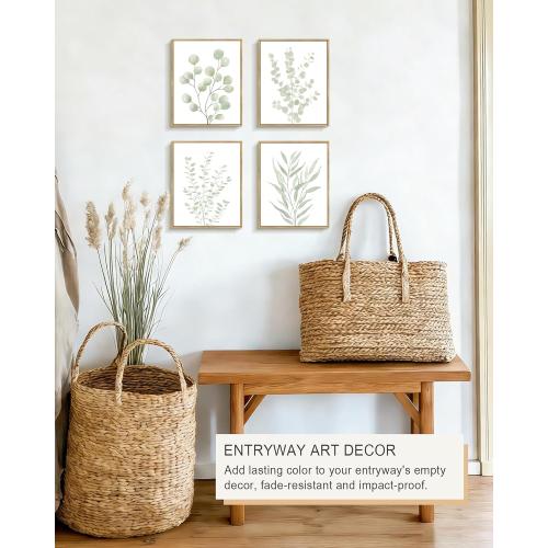 Drsoum Botanical Plant Framed Wall Art Boho Wall Decor for Bathroom Sage Green Eucalyptus Leaf Prints Minimalist Aesthetic Ready to Hang Set of 4, 8x10 in (Natural Framed)