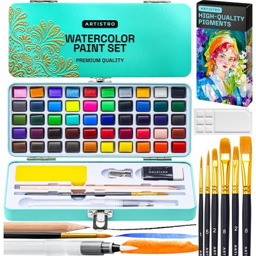 ARTISTRO 50 Color Watercolor Paint Set - Portable Paint Art Kit with Palette and Brush Pens - Travel Water Color Set for Adults, Professionals, Kids - Art and Painting Supplies - Gift Idea