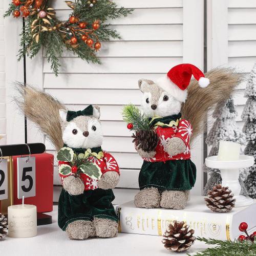 Chalyna 9.5 Inch Christmas Sisal Fox Tabletop Decorations, Fox Figurine for Home Decor Woodland Animals Rustic Xmas Ornament with Holiday Accents for Table Office Indoor Forest Mantle Decor Xmas Gifts