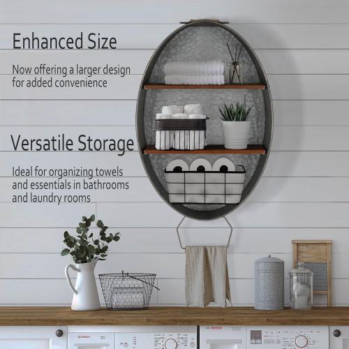 Oakrain Towel Rack with Wood Shelves, Galvanized Wash Tub Rustic Towel Holder, Decorative Wall Shelf for Bathroom, Lavatory, Entryway