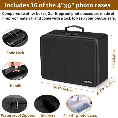 Photo Storage Box with Lock,DocSafe Fireproof Photo Organizer Box with 16 Inner 4 x 6 Photo Case(Clear),Collapsible Portable Photo Filing Safe Storage with Water-Resistant Zipper for Photos,Picture