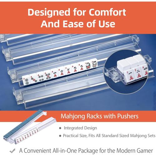 Mahjong All-in-One Tile Rack & Pusher, Clear Acrylic Mahjong Rack and Pusher Combo, Modern American Majiang Tile Racks Set of 4 (Clear)