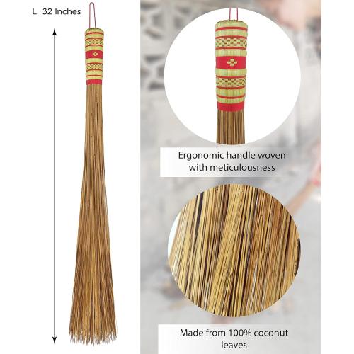 32 inch Multi-Surface Sturdy Outdoor Authentic Coconut Leaf Broom Asian Heavy Duty Broom Thai Natural Coconut Leaf Broom (Country Rustic) (1 Piece)
