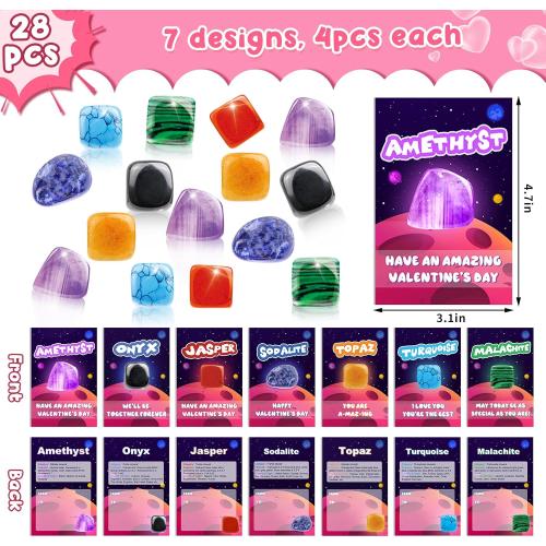 Valentine‘s Gifts for Kids, 28 Pack Valentines Cards with Rocks Bulk, Crystal Gems Minerals Rocks Collection Kit, Exchange Card for Girls Boys School Classroom Party Favors
