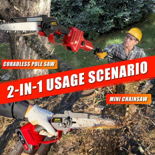 2-in-1 Electric Pole Saw, Cordless Pole Saw & 6 Inch Mini Chainsaw for Tree Trimming Trimmer Limb Branch Cutter Pruner with Extension Pole and 2×2.0Ah Battery Powered Pole Chain Saw, 16 Feet