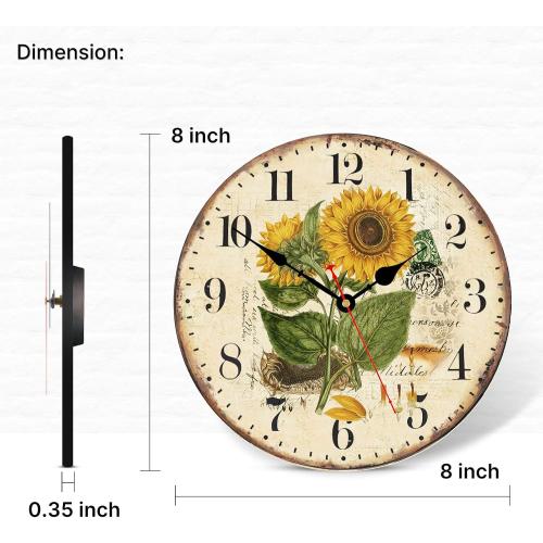 Size  8 Inch Summer Sunflower Wall Clock, Retro Rustic Floral Battery Operated Clocks, Wooden Decorative Easy to Read Clock for Home/Office/School/Bar