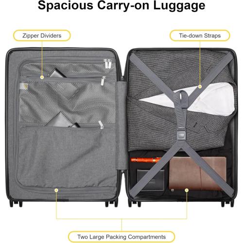 LEVEL8 Carry On Luggage with Compartment, 20 Inch Lightweight Hard Shell Rolling Suitcase with Wheels Airline Approved with Front Pocket, Double Tsa Locks, Grey