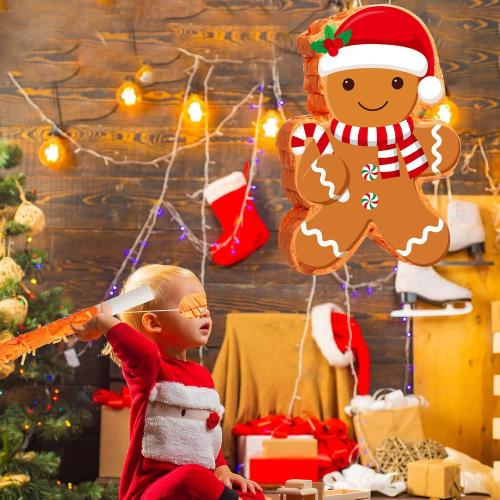 Christmas Gingerbread Man Piñata 16 Inch Mexican Piñata with Stick Blindfold Pack Christmas Prop Bundle for Xmas Birthday Holiday Game Favors Photo Prop Decoration