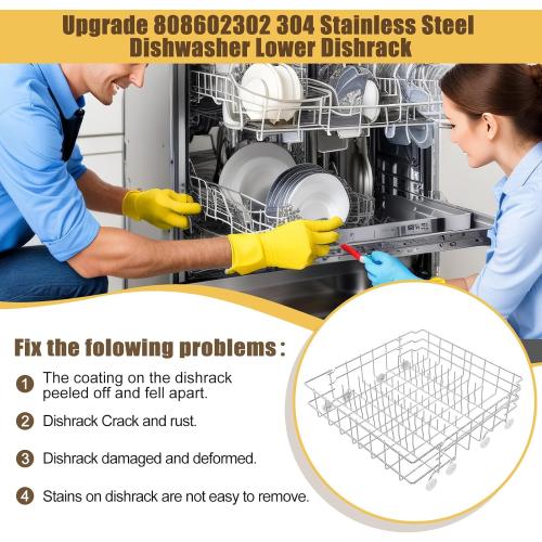 UPGRADED 304 Stainless Steel 808602302 5304535768 Dishwasher Lower Rack Replacement Compatible with Frigidaire Dishwasher Rack Parts with 154174501 Wheels Replaces 154432602 154432601 Dishwasher
