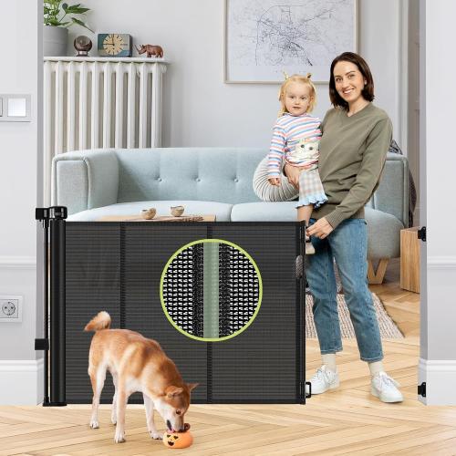 Reinforced 55 Wide Retractable Baby Gates with Reinforced Strips, Indoor/Outdoor Retractable Dog Gate for Doorway Prevent Bottom Drilling Through, No Bottom Bar Safety Mesh Baby Gate for Stair, Black