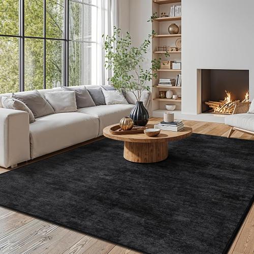 5x7 Washable Area Rug, Black Solid Area Rugs for Living Room & Bedroom | Stain-resistant & Non-slip backing,Low Pile Washable Large Carpet, Solid Vintage Style For High Traffic Areas(5x7,Black)