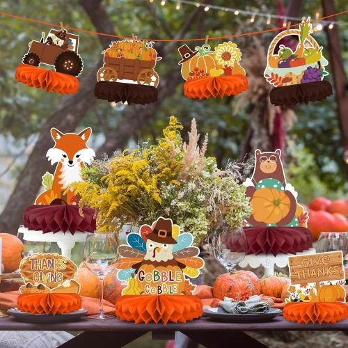 9PCS Premium Fall & Thanksgiving Party Decorations Set - Autumn Honeycomb Centerpieces, Table Toppers - Ideal as Fall Classroom Decorations, Thanksgiving Birthday Supplies & Autumn Party Decorations