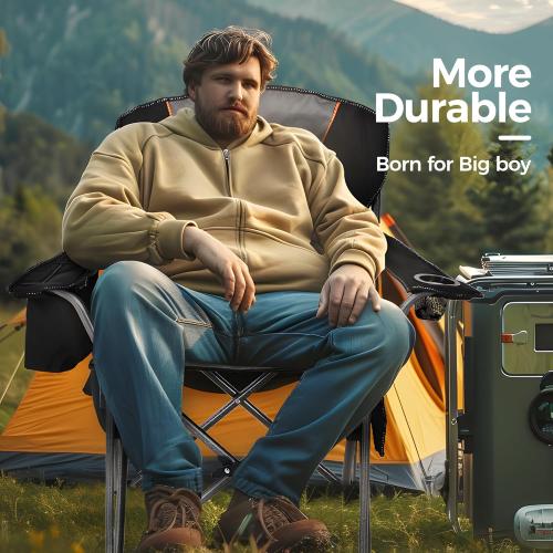 ALPHA CAMP Oversized Camping Folding Chair, Heavy Duty Support 450 LBS Steel Frame Collapsible Padded Arm Chair with Cup Holder Quad Lumbar Back, Portable for Outdoor