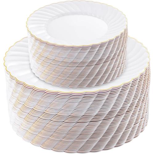 U-QE 100 Pieces Gold Plastic Plates - Premium White Plastic Plates for Party, Wedding and Daily Use Including 50PCS 9 '' Plastic Dinner Plates & 50PCS 6.5 '' Plastic Dessert Plates