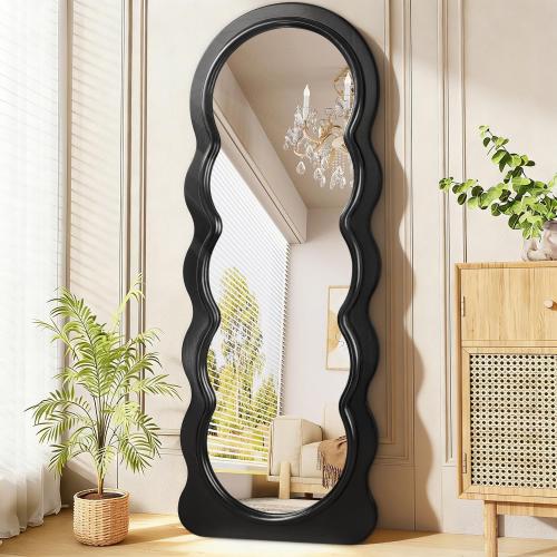 JJUUYOU Full Length Mirror Wavy Wood Framed Floor Mirror,Black Irregular Large Wall Mirrors 63x24 Decorative for Bedroom Living Room Entryway Bathroom Dressing Room Hanging