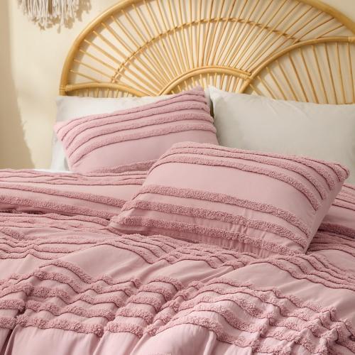 BEDELITE Boho Comforter Set Queen Size, Dusty Pink Tufted Striped Bed Set 3 Pieces, Soft Vintage Farmhouse Comforter for All Seasons, Boho Home Decor,Fluffy Jacquard Bedding with 2 Pillow Shams