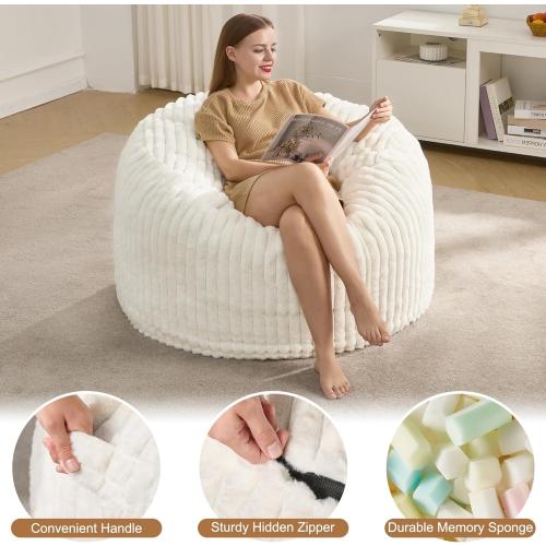 Hobestluk 3ft Bean Bag Chairs for Adults Large Beanbag Chair with Stripe Plush Cover Big Bean Bag Chair for Living Room Bedroom Dorm Office - White (36” x 36” x 22”)