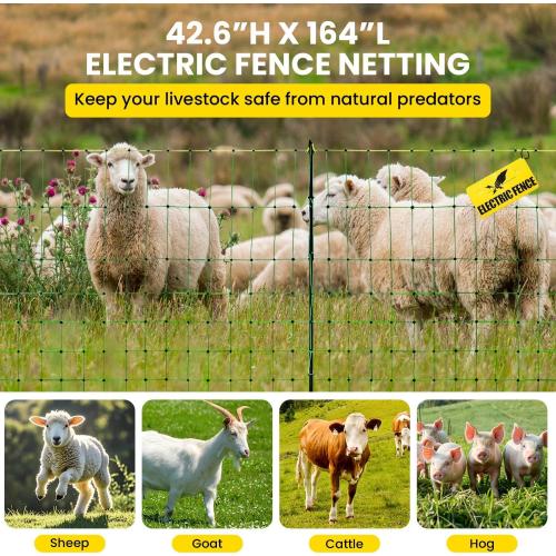 Electric Fence Netting, 42.6 H x 164'L Electric Anti-Predator Poultry Fence, PE Net Fencing Kit with 14 Posts Double Spiked, Movable Livestock Nets for Sheep, Hogs, Cattle and Other Big Poultry