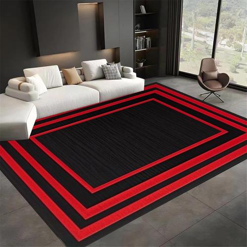 3x4 Modern Geometric Area Rug, Black Carpet, Red Border Line Design, with Non-Slip Backing, Stain Resistant and Washable, Suitable for Bedroom, Living Room, Kitchen, Hallway, Entryway Rug
