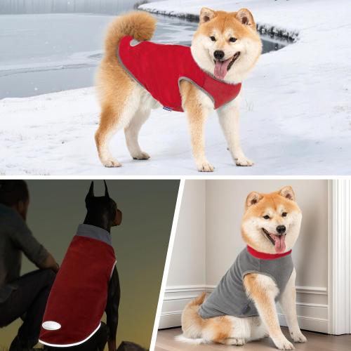 cyeollo 2 Pack Dog Fleece Sweater Stretchy Sweatshirt with Reflective Stripe Pullover Soft Jacket Pet Clothes Dog Sweaters for Small Dogs Cats Grey & Red