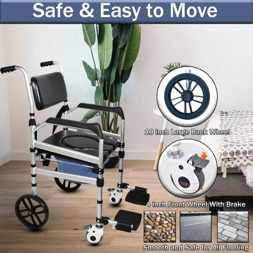 Folding Bedside Commode with Wheels, Padded Shower Chair with Bucket, Rolling Shower Commode Chairs with Soft Backrest, Bedside Commodes for Senior & Handicap