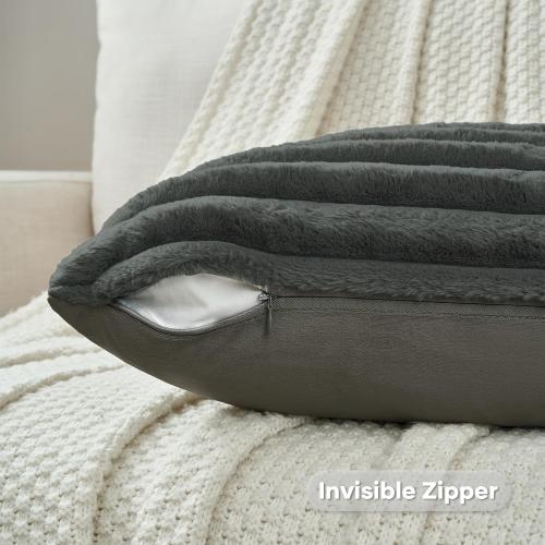 FUTEI Dark Grey Throw Pillow Covers Set of 2, 18x18 Inch Soft Faux Rabbit Fur Striped Texture Cushion Cases, Modern Decorative Couch Pillows for Living Room Bed