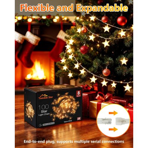 Twinkle Star 100 LED Star String Lights, 33FT Plug in Fairy String Lights Waterproof for Bedroom Decor, Indoor, Outdoor, Wedding Party, Christmas Tree, New Year, Ramadan, Warm White